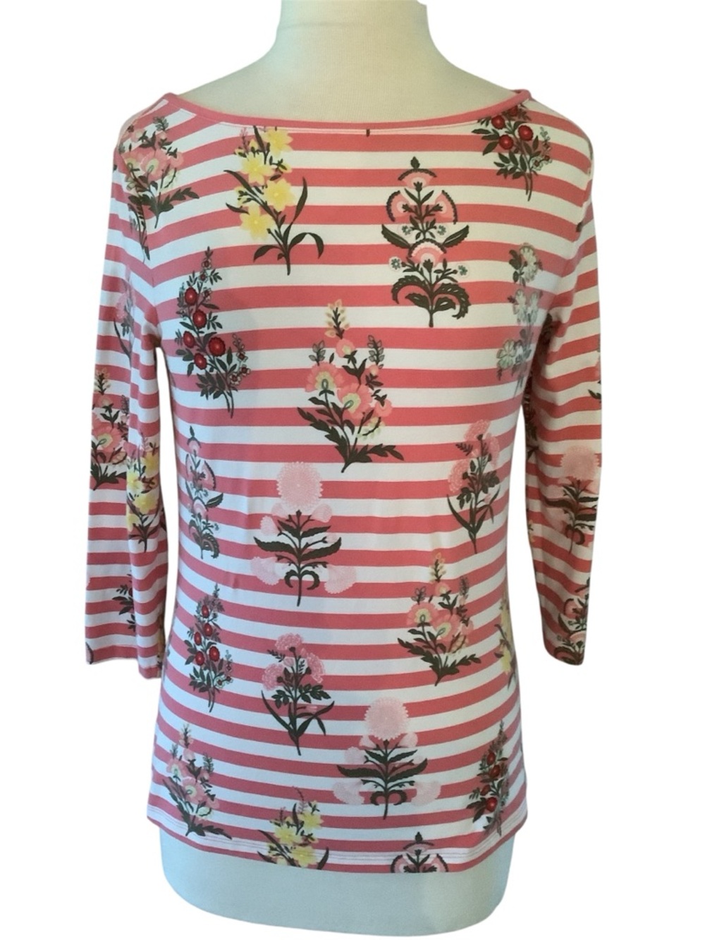Talbots Pink and White Striped Floral Boatneck Top
